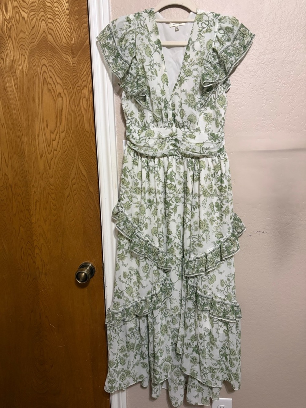 Max Studio White and Green Floral Ruffle High-Low Maxi Dress